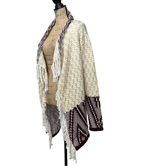 UMGEE Fringed Boho Aztec Cardigan Burgundy and Cream Size XL - Picture 2 of 11